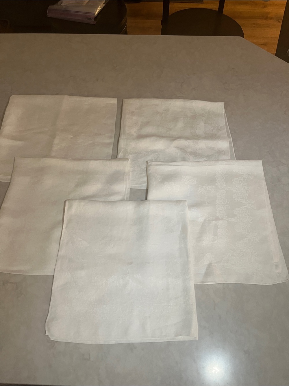 5 VINTAGE  IRISH  LINEN DAMASK  NAPKINS 25” x 25” thick substantial sustainable